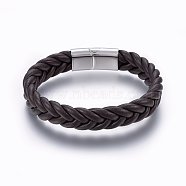 Leather Braided Cord Bracelets, 304 Stainless Steel Magnetic Clasp, Rectangle, Coconut Brown, 8-5/8 inch(22cm), 13x6mm(BJEW-E345-14B-P)