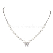 Bowknot Brass Micro Pave Cubic Zirconia Pendant Necklaces, 304 Stainless Steel Cable Chains Necklaces, with ABS Plastic Pearl Beads, Stainless Steel Color, 19.29 inch(490mm)(NJEW-JN04908)