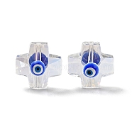 Transparent Glass Beads, with Enamel, Cross with Evil Eye Pattern, Blue, 14.5x14x9mm, Hole: 1.2mm(GLAA-F121-09F)