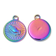 Ion Plating(IP) 304 Stainless Steel Pendants, Flat Round with Praying Hands Charm, Rainbow Color, 19x16x2mm, Hole: 2mm(STAS-L020-006RC)