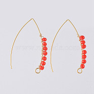 304 Stainless Steel Earring Hooks, with Faceted Rondelle Glass Beads and Horizontal Loop, Golden, Coral, 40x28x3mm, Hole: 3x2mm, 20 Gauge, Pin: 0.8mm(EJEW-JE03680-03)