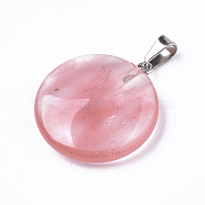 Cherry Quartz Glass Pendants, with Platinum Tone Brass Bails, Flat Round, 22~25x19~21x5~7mm, Hole: 3x6mm(X-G-R470-010)