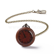Ebony Wood Pocket Watch with Brass Curb Chain and Clips, Flat Round Electronic Watch for Men, Brown, 16-3/8~17-1/8 inch(41.7~43.5cm)(WACH-D017-A15-02AB)