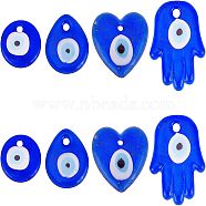 8Pcs 4 Style Handmade Evil Eye Lampwork Pendants, Palm & Heart & Flat Round & Teardrop, Blue, 34~50x30~36x5~7.5mm, Hole: 3.5~4.8mm, 2pcs/style(LAMP-FH0001-04)