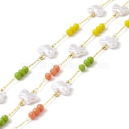 Handmade Eco-friendly Brass Cable Chain, with CCB Butterfly & Glass Round Beaded, Long-Lasting Plated, Golden, Soldered, with Spool, Colorful, 7x10x3mm(CHC-E023-22G)