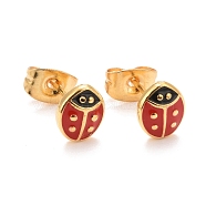 304 Stainless Steel Enamel Stud Earrings, with 316 Stainless Steel Pin, Ladybug, Colorful, 7x6x2mm, Pin: 0.8mm(EJEW-B009-22G-01)