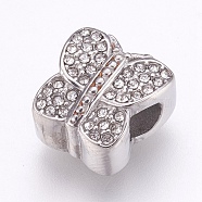 304 Stainless Steel European Beads, Large Hole Beads, with Rhinestone, Butterfly, Crystal, 12x12x8mm, Hole: 4mm(X-CPDL-G001-03A)