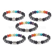 5Pcs 5 Style Natural & Synthetic Mixed Gemstone Beaded Stretch Bracelets Set, Alloy Saint Benedict & Hamsa Hand & Elephant & Buddha Head Stackable Bracelets for Women, Inner Diameter: 2-1/4 inch(5.6cm), 1Pc/style(BJEW-JB08966)