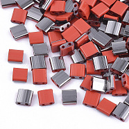 2-Hole Glass Seed Beads, Half Gunmetal Plated Colours, Square, Red, 5x4.5~5.5x2~2.5mm, Hole: 0.5~0.8mm, about 1180pcs/bag(SEED-S031-L-045-H)