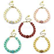 5Pcs 5 Styles 8mm Round Glass Pearl Beaded Bracelets, Round Polymer Clay Rhinestone Bracelets for Women, Mixed Color, 7-1/8 inch(18cm), 1pc/style(BJEW-JB10034-S)