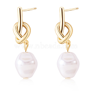 Knot with Imitation Pearl Dangle Stud Earrings, Brass Jewelry for Women, Golden, 30x10mm, Pin: 0.9mm(JE1099A)