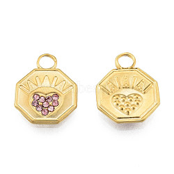 304 Stainless Steel Pendants, with Light Rose Rhinestone, Octagon with Heart, Real 18K Gold Plated, 16.5x12.5x2mm, Hole: 3mm(STAS-N098-154LG)
