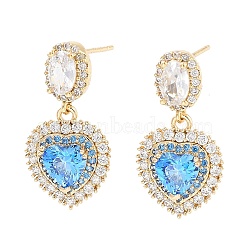 Brass with Sky Blue Glass Dangle Stud Earrings, Heart, Light Gold, 23.5x12mm(EJEW-Q800-11KCG)