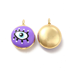 Brass Enamel Charms, Real 18K Gold Plated, Long-Lasting Plated, Flat Round with Evil Eye, Medium Purple, 19x15.5x8mm, Hole: 2mm(KK-P222-07G-01)