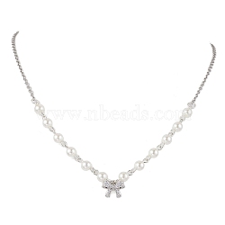 Bowknot Brass Micro Pave Cubic Zirconia Pendant Necklaces, 304 Stainless Steel Cable Chains Necklaces, with ABS Plastic Pearl Beads, Stainless Steel Color, 19.29 inch(490mm)(NJEW-JN04908)