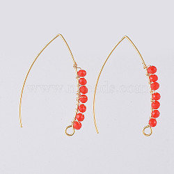 304 Stainless Steel Earring Hooks, with Faceted Rondelle Glass Beads and Horizontal Loop, Golden, Coral, 40x28x3mm, Hole: 3x2mm, 20 Gauge, Pin: 0.8mm(EJEW-JE03680-03)