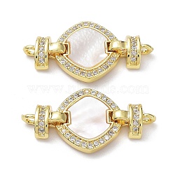 Rack Plating Brass Micro Pave Clear Cubic Zirconia Fold Over Rhombus Clasps, with Natural Shell, Cadmium Free & Lead Free, Long-Lasting Plated, Real 18K Gold Plated, 27x14x3.5mm, Hole: 1.4mm(KK-F858-09G)