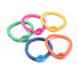 Stretch Bracelets, with Spray Paint Cowrie Shell Beads and Handmade Polymer Clay Heishi Beads, Midnight Blue, 2 inch(5.2cm)(BJEW-JB04475)
