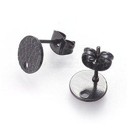 304 Stainless Steel Ear Stud Findings, with Ear Nuts/Earring Backs and Hole, Textured Flat Round with Spot Lines, Electrophoresis Black, 8mm, Hole: 1.2mm, Pin: 0.8mm(STAS-O119-15B-B)