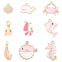 9Pcs 9 Styles Alloy Enamel Pendants, Golden, Pink, 13~25x9.5~22x1~3.5mm, Hole: 1~4mm, 1pc/style(ENAM-YW0008-11)