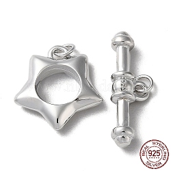 Rhodium Plated 925 Sterling Silver Toggle Clasps, Long-Lasting Plated, Star with 925 Stamp, Real Platinum Plated, Star: 12.5x11.5x2.5mm, Bar: 5.5x7x3mm(STER-D005-06P)