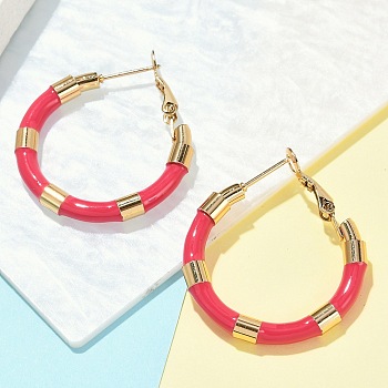 PVD Vacuum Plating 201 Stainless Steel Enamel Hoop Earrings for Women, with 304 Stainless Steel Pins, Real 18K Gold Plated, Red, 30x4mm, Pin: 1mm