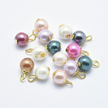 Iron Glass Pearl Charms, Round, Golden, Mixed Color, 13x8mm, Hole: 2mm