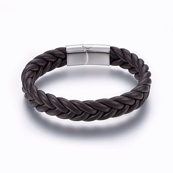 Leather Braided Cord Bracelets, 304 Stainless Steel Magnetic Clasp, Rectangle, Coconut Brown, 8-5/8 inch(22cm), 13x6mm