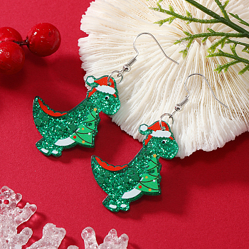 Cute Christmas Dinosaur Acrylic Dangle Earrings, Platinum, Green