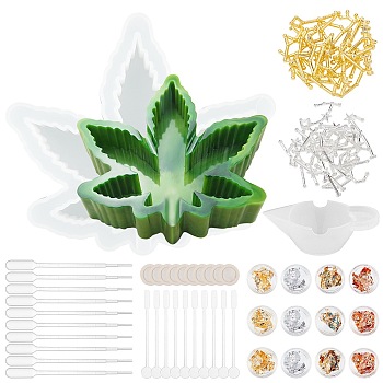 DIY Pot Leaf Ashtray Silicone Molds Kits, Stirring Rod, Disposable Latex Finger Cots, Transfer Pipettes, Silicone Stirring Bowl, Zinc Alloy Cabochons, Nail Art Tinfoil, Mixed Color, 15.7x17.5x3.5cm, Inner Diameter: 15.2x17cm, 1pc