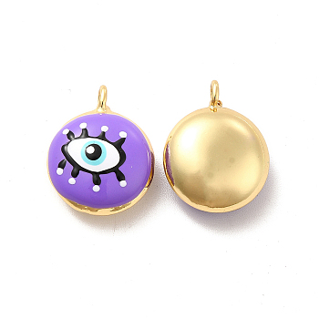 Brass Enamel Charms, Real 18K Gold Plated, Long-Lasting Plated, Flat Round with Evil Eye, Medium Purple, 19x15.5x8mm, Hole: 2mm