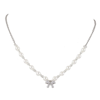 Bowknot Brass Micro Pave Cubic Zirconia Pendant Necklaces, 304 Stainless Steel Cable Chains Necklaces, with ABS Plastic Pearl Beads, Stainless Steel Color, 19.29 inch(490mm)
