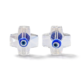 Transparent Glass Beads, with Enamel, Cross with Evil Eye Pattern, Blue, 14.5x14x9mm, Hole: 1.2mm