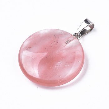 Cherry Quartz Glass Pendants, with Platinum Tone Brass Bails, Flat Round, 22~25x19~21x5~7mm, Hole: 3x6mm
