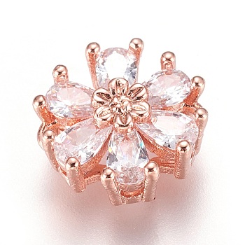 Brass Micro Pave Cubic Zirconia Links, Lead Free & Cadmium Free, Flower, Clear, Rose Gold, 12x5.5mm, Hole: 1.2mm