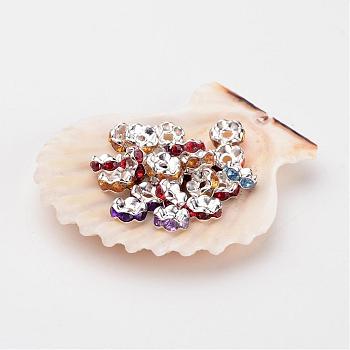 Acrylic Rhinestone Spacer Beads, Brass, Silver Color Plated, Mixed Color, Size:about 6mm in diameter, hole: 0.7mm