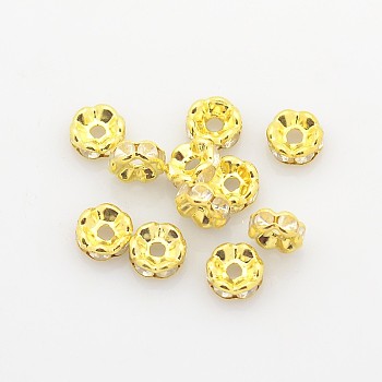 Brass Rhinestone Spacer Beads, Grade B, Clear, Golden Metal Color, Size: about 6mm in diameter, 3mm thick, hole: 1mm