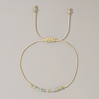 Natural Birthstone Braided Bead Bracelets for Women, Aquamarine, with Brass Beads, Inner Diameter: 11 inch(28cm)