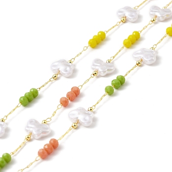 Handmade Eco-friendly Brass Cable Chain, with CCB Butterfly & Glass Round Beaded, Long-Lasting Plated, Golden, Soldered, with Spool, Colorful, 7x10x3mm