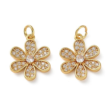 Brass Micro Pave Clear Cubic Zirconia Pendants, Flower Charms, Real 18K Gold Plated, 18x14.5x3mm, Hole: 3.5mm