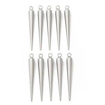 304 Stainless Steel Pendants, Cone Charm, Nickel Free, Stainless Steel Color, 45x6mm, Hole: 2.5mm