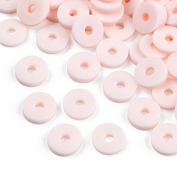 Eco-Friendly Handmade Polymer Clay Beads, Disc/Flat Round, Heishi Beads, Pink, 6x1mm, Hole: 2mm, about 23500pcs/1000g