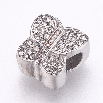 304 Stainless Steel European Beads, Large Hole Beads, with Rhinestone, Butterfly, Crystal, 12x12x8mm, Hole: 4mm