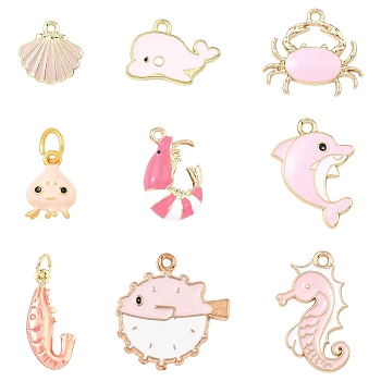 9Pcs 9 Styles Alloy Enamel Pendants, Golden, Pink, 13~25x9.5~22x1~3.5mm, Hole: 1~4mm, 1pc/style