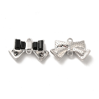Alloy Connector Charms, Bowknot Links with Glass, Lead Free & Cadmium Free, Platinum, Black, 15x24x6mm, Hole: 2mm