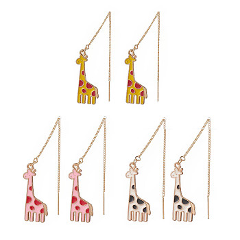 3 Pair 3 Color Alloy Enamel Giraffe Dangle Stud Earrings, Golden Brass Ear Threads for Women, Mixed Color, 108mm, Pin: 0.8mm, 1 Pair/color