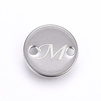 201 Stainless Steel Links connectors, Flat Round, Letter.M, Stainless Steel Color, 8x1mm, Hole: 1.5mm