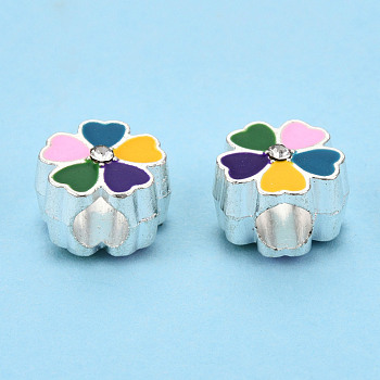 Alloy Enamel European Beads, Large Hole Beads, Cadmium Free & Lead Free, Silver, Flower, Colorful, 11.5x11.5x8.5mm, Hole: 4.5mm