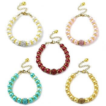 5Pcs 5 Styles 8mm Round Glass Pearl Beaded Bracelets, Round Polymer Clay Rhinestone Bracelets for Women, Mixed Color, 7-1/8 inch(18cm), 1pc/style