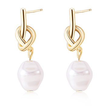 Knot with Imitation Pearl Dangle Stud Earrings, Brass Jewelry for Women, Golden, 30x10mm, Pin: 0.9mm